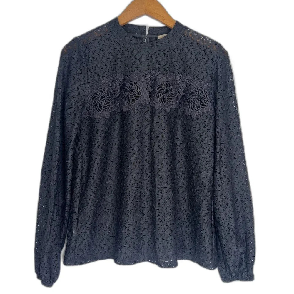 LOFT Mock Neck Gray Floral Lace Long Sleeve Semi Sheer Blouse Size XS